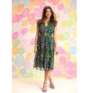 Maggie London Green Floral Embroidered Ruffle Sleeveless A-Line Midi Dress 10
